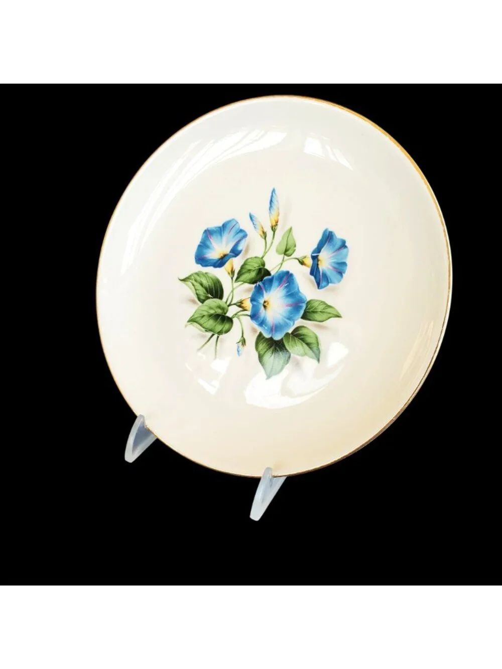 Vintage Ceramic Plate Blue Morning Glory Floral Gold Trim 8 Inch